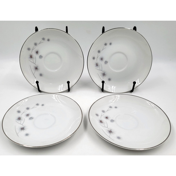 Creative Platinum Star Burst Saucers 5 3/4" Silver Trim Japan Gray Set of 4 - Picture 2 of 7